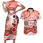 Dolphins Rugby Couples Matching Short Sleeve Bodycon Dress and Hawaiian Shirt Australian Aboriginal Dot Painting Style