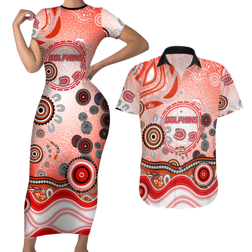 Dolphins Rugby Couples Matching Short Sleeve Bodycon Dress and Hawaiian Shirt Australian Aboriginal Dot Painting Style