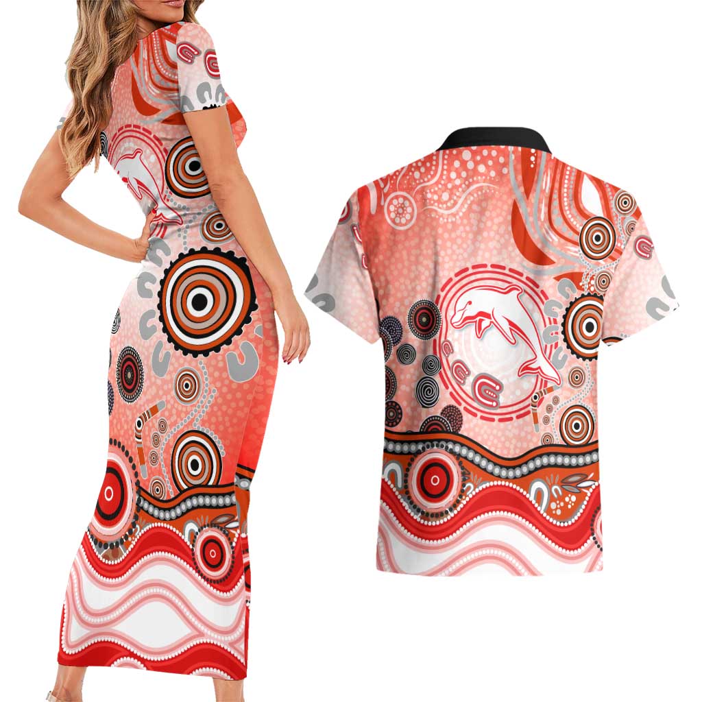 Dolphins Rugby Couples Matching Short Sleeve Bodycon Dress and Hawaiian Shirt Australian Aboriginal Dot Painting Style