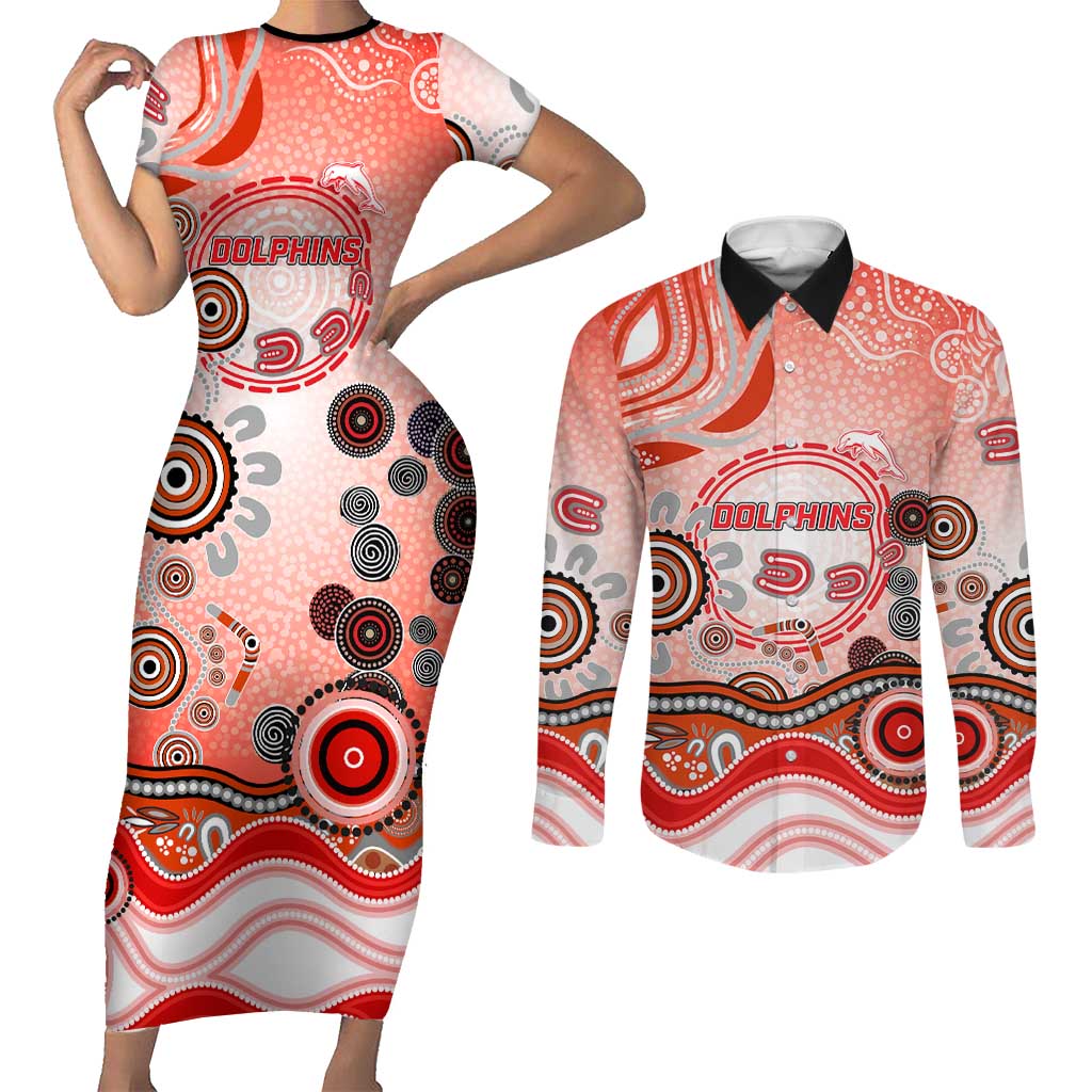 Dolphins Rugby Couples Matching Short Sleeve Bodycon Dress and Long Sleeve Button Shirt Australian Aboriginal Dot Painting Style
