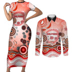 Dolphins Rugby Couples Matching Short Sleeve Bodycon Dress and Long Sleeve Button Shirt Australian Aboriginal Dot Painting Style