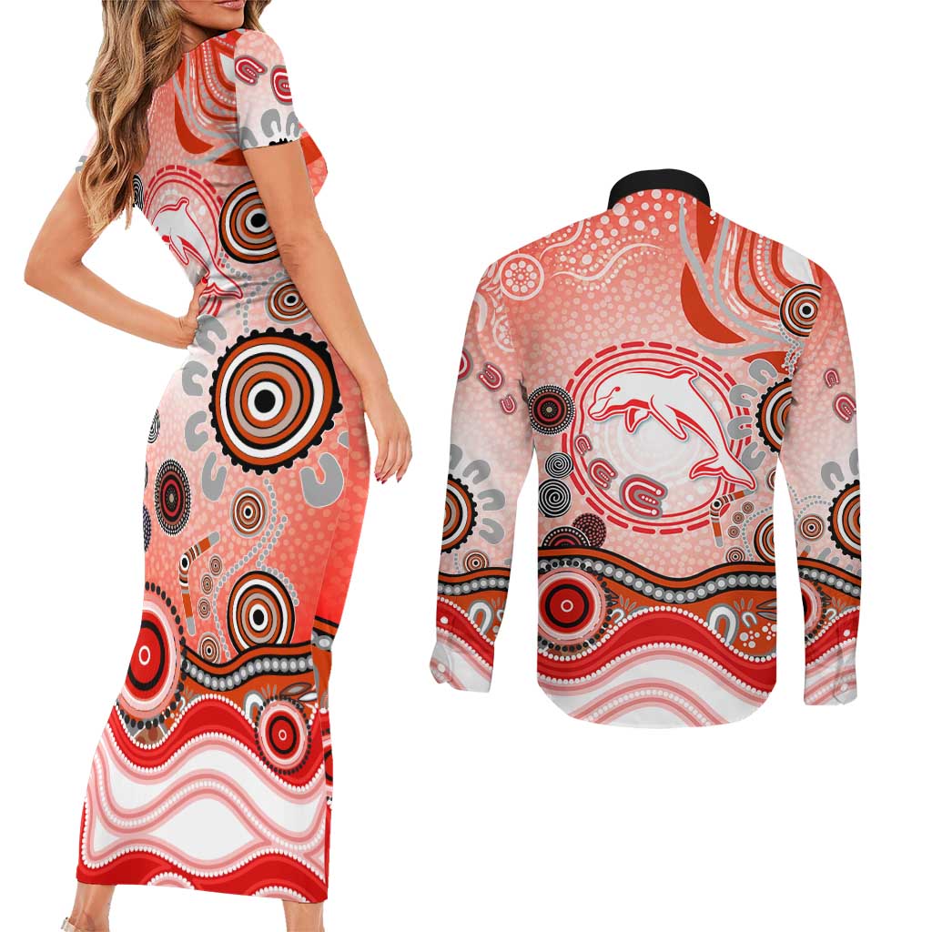 Dolphins Rugby Couples Matching Short Sleeve Bodycon Dress and Long Sleeve Button Shirt Australian Aboriginal Dot Painting Style