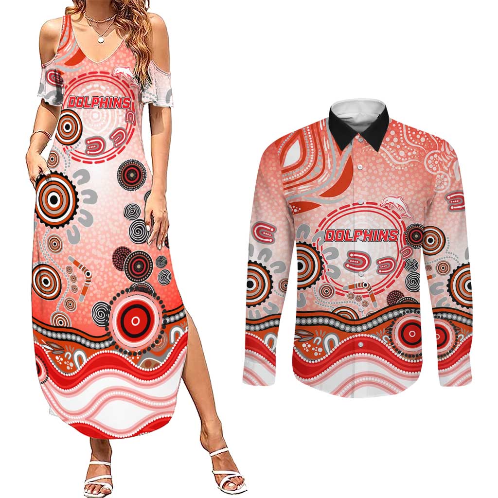 Dolphins Rugby Couples Matching Summer Maxi Dress and Long Sleeve Button Shirt Australian Aboriginal Dot Painting Style