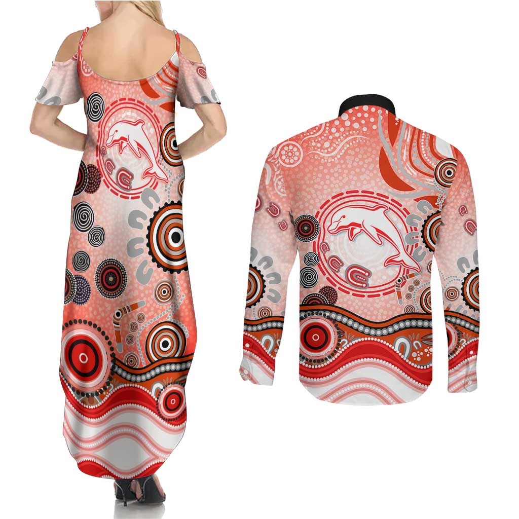 Dolphins Rugby Couples Matching Summer Maxi Dress and Long Sleeve Button Shirt Australian Aboriginal Dot Painting Style