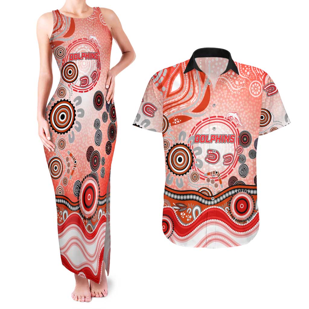Dolphins Rugby Couples Matching Tank Maxi Dress and Hawaiian Shirt Australian Aboriginal Dot Painting Style