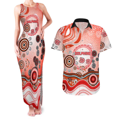 Dolphins Rugby Couples Matching Tank Maxi Dress and Hawaiian Shirt Australian Aboriginal Dot Painting Style