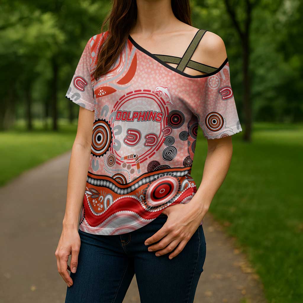 Dolphins Rugby Cross Shoulder Shirt Australian Aboriginal Dot Painting Style