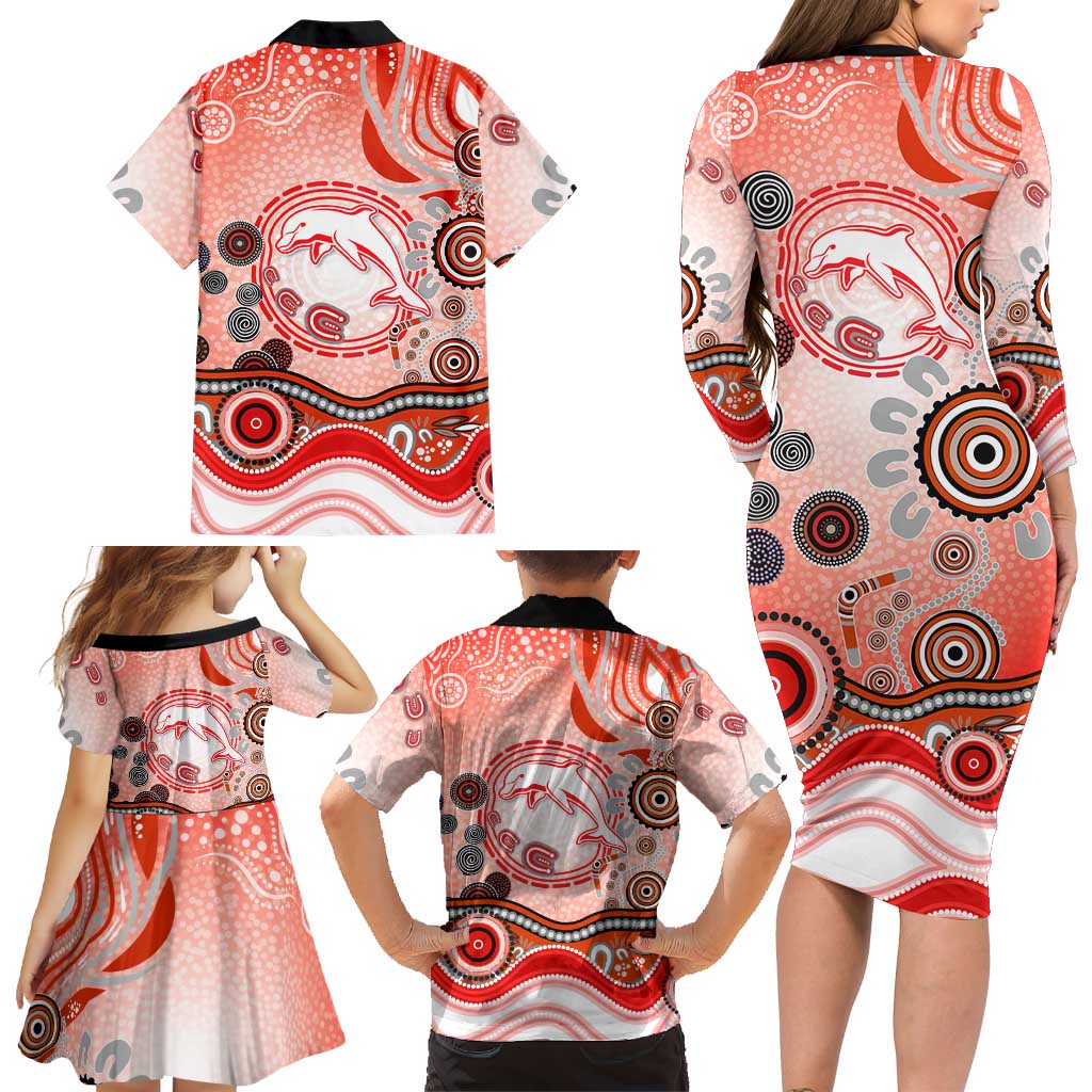 Dolphins Rugby Family Matching Long Sleeve Bodycon Dress and Hawaiian Shirt Australian Aboriginal Dot Painting Style