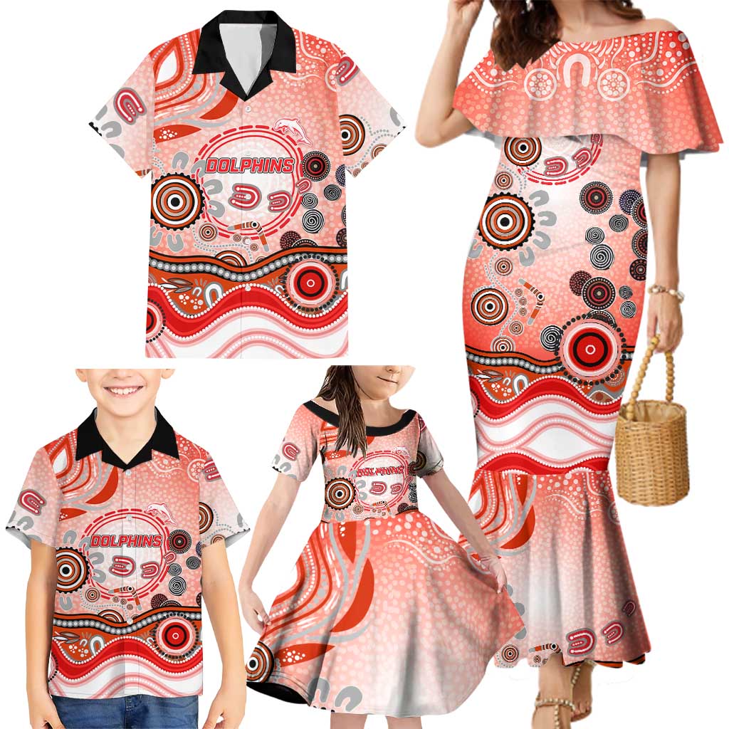 Dolphins Rugby Family Matching Mermaid Dress and Hawaiian Shirt Australian Aboriginal Dot Painting Style