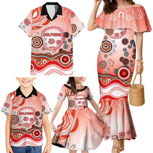 Dolphins Rugby Family Matching Mermaid Dress and Hawaiian Shirt Australian Aboriginal Dot Painting Style
