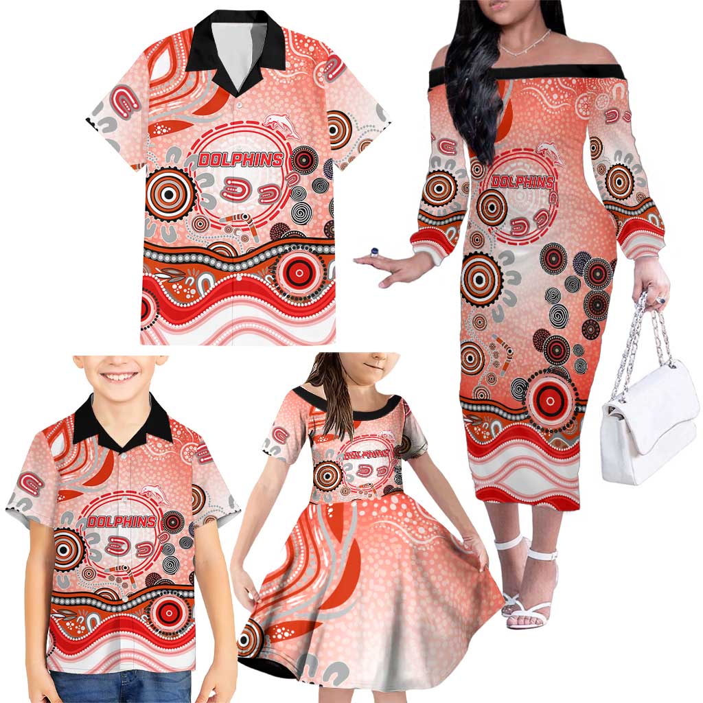Dolphins Rugby Family Matching Off The Shoulder Long Sleeve Dress and Hawaiian Shirt Australian Aboriginal Dot Painting Style