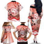 Dolphins Rugby Family Matching Off The Shoulder Long Sleeve Dress and Hawaiian Shirt Australian Aboriginal Dot Painting Style