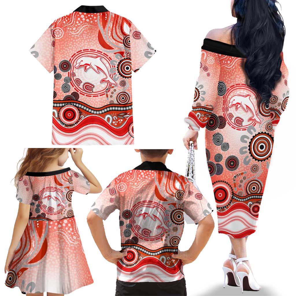 Dolphins Rugby Family Matching Off The Shoulder Long Sleeve Dress and Hawaiian Shirt Australian Aboriginal Dot Painting Style