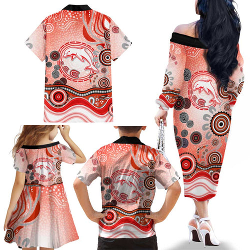 Dolphins Rugby Family Matching Off The Shoulder Long Sleeve Dress and Hawaiian Shirt Australian Aboriginal Dot Painting Style