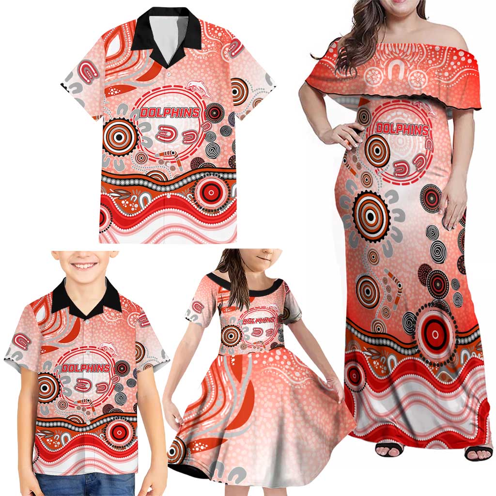 Dolphins Rugby Family Matching Off Shoulder Maxi Dress and Hawaiian Shirt Australian Aboriginal Dot Painting Style