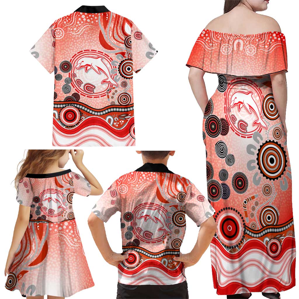 Dolphins Rugby Family Matching Off Shoulder Maxi Dress and Hawaiian Shirt Australian Aboriginal Dot Painting Style