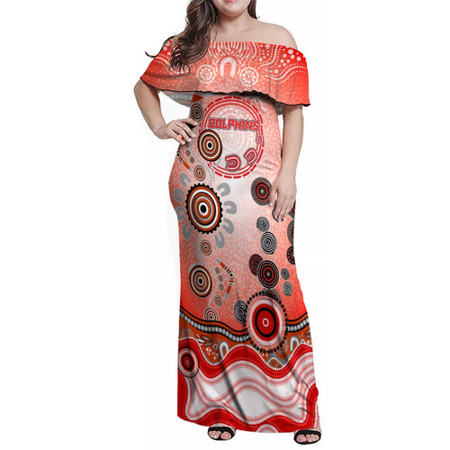 Dolphins Rugby Family Matching Off Shoulder Maxi Dress and Hawaiian Shirt Australian Aboriginal Dot Painting Style