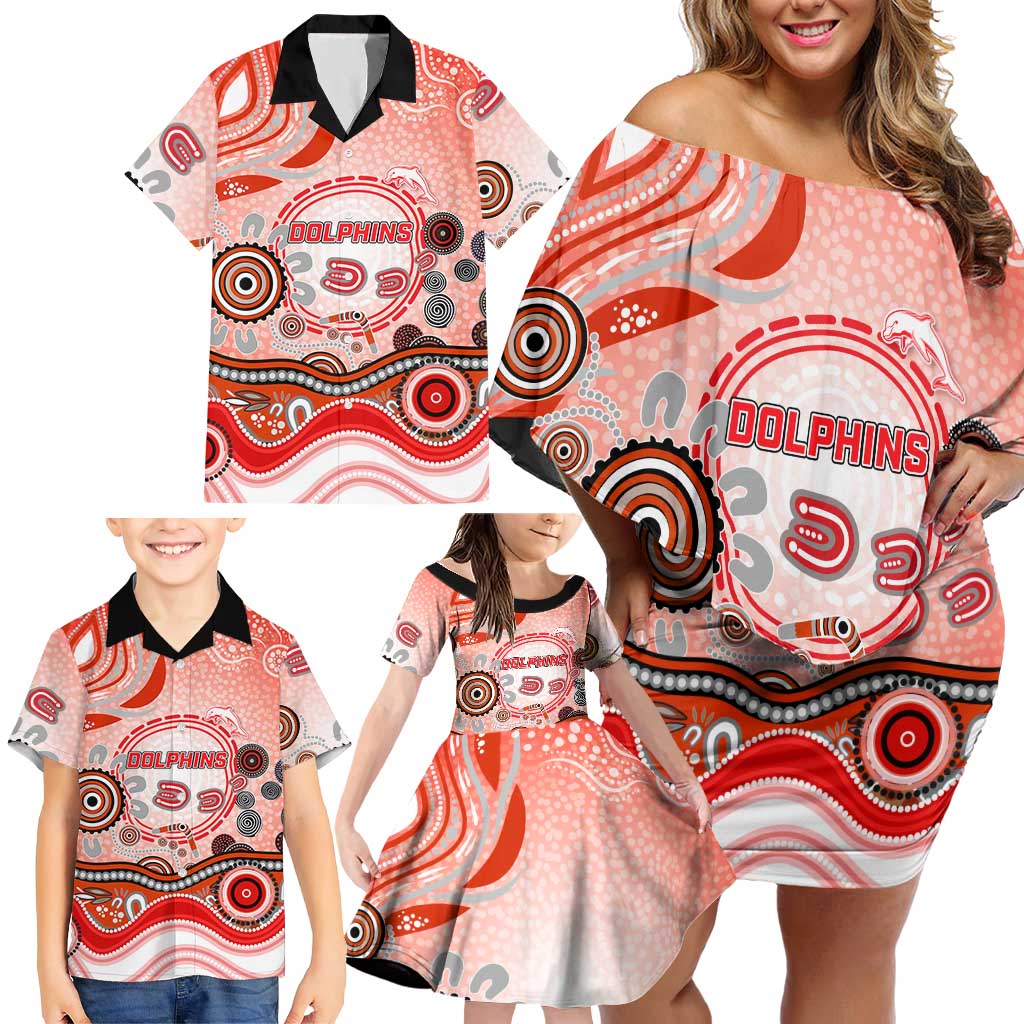 Dolphins Rugby Family Matching Off Shoulder Short Dress and Hawaiian Shirt Australian Aboriginal Dot Painting Style