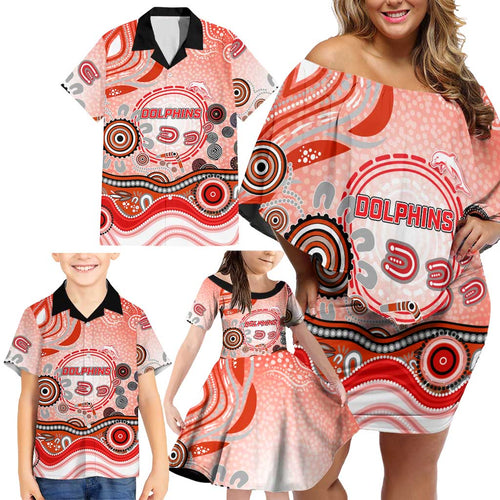 Dolphins Rugby Family Matching Off Shoulder Short Dress and Hawaiian Shirt Australian Aboriginal Dot Painting Style