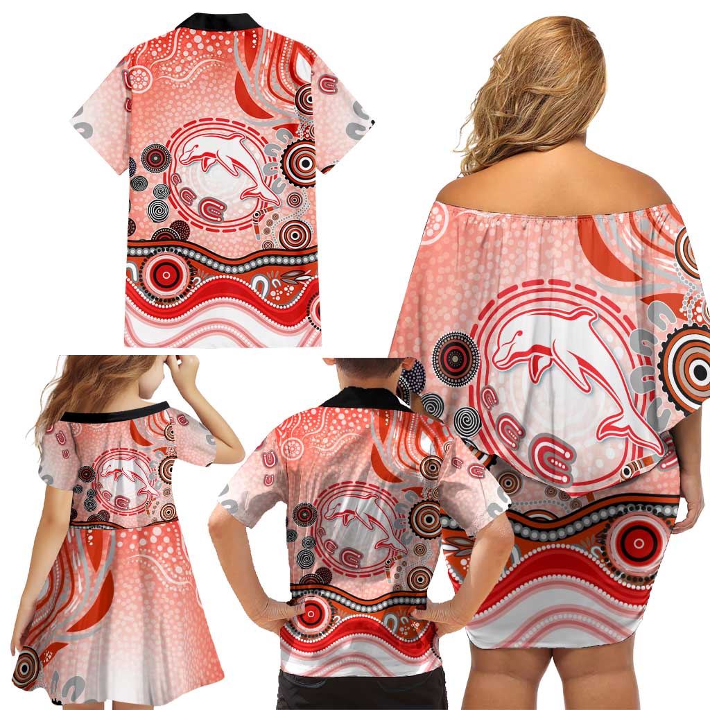 Dolphins Rugby Family Matching Off Shoulder Short Dress and Hawaiian Shirt Australian Aboriginal Dot Painting Style