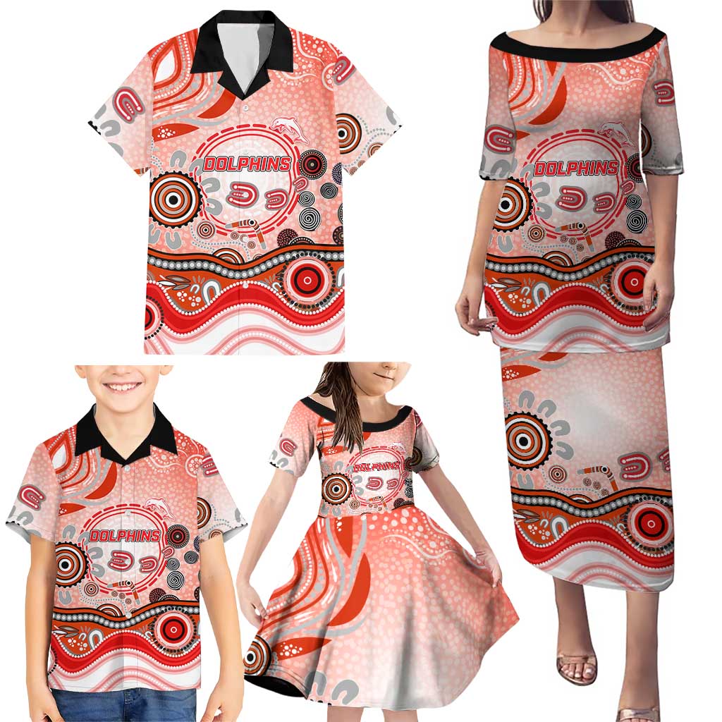 Dolphins Rugby Family Matching Puletasi and Hawaiian Shirt Australian Aboriginal Dot Painting Style