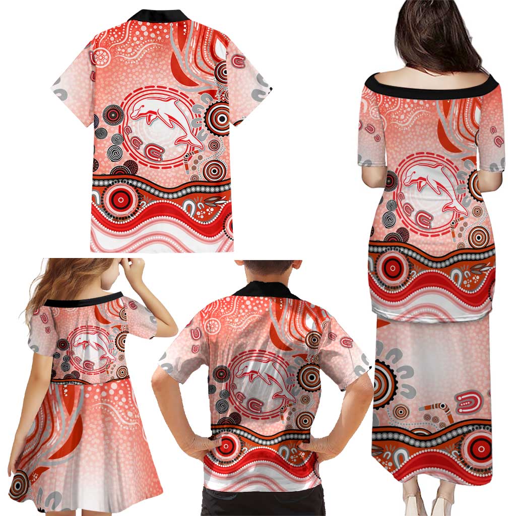 Dolphins Rugby Family Matching Puletasi and Hawaiian Shirt Australian Aboriginal Dot Painting Style