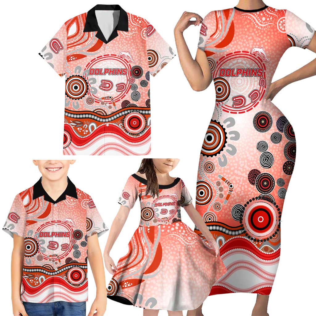 Dolphins Rugby Family Matching Short Sleeve Bodycon Dress and Hawaiian Shirt Australian Aboriginal Dot Painting Style