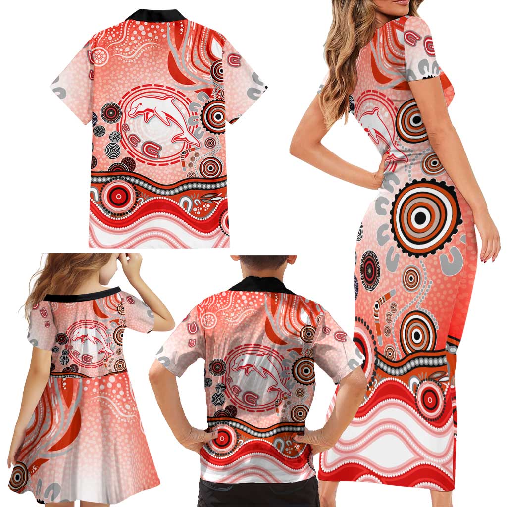 Dolphins Rugby Family Matching Short Sleeve Bodycon Dress and Hawaiian Shirt Australian Aboriginal Dot Painting Style