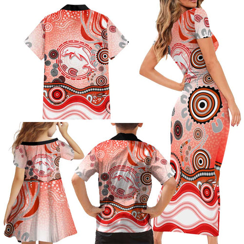 Dolphins Rugby Family Matching Short Sleeve Bodycon Dress and Hawaiian Shirt Australian Aboriginal Dot Painting Style