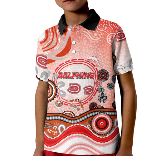 Dolphins Rugby Kid Polo Shirt Australian Aboriginal Dot Painting Style