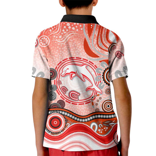 Dolphins Rugby Kid Polo Shirt Australian Aboriginal Dot Painting Style