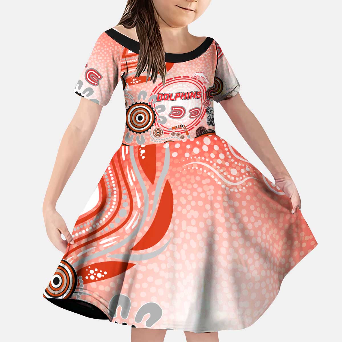 Dolphins Rugby Kid Short Sleeve Dress Australian Aboriginal Dot Painting Style