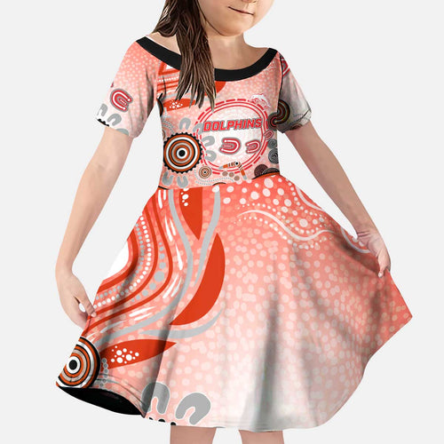 Dolphins Rugby Kid Short Sleeve Dress Australian Aboriginal Dot Painting Style