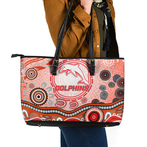 Dolphins Rugby Leather Tote Bag Australian Aboriginal Dot Painting Style