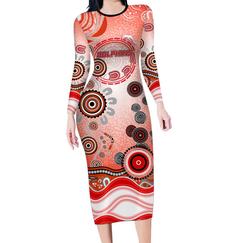 Dolphins Rugby Long Sleeve Bodycon Dress Australian Aboriginal Dot Painting Style