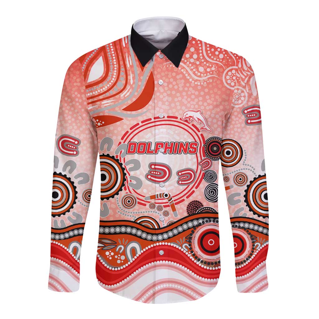 Dolphins Rugby Long Sleeve Button Shirt Australian Aboriginal Dot Painting Style