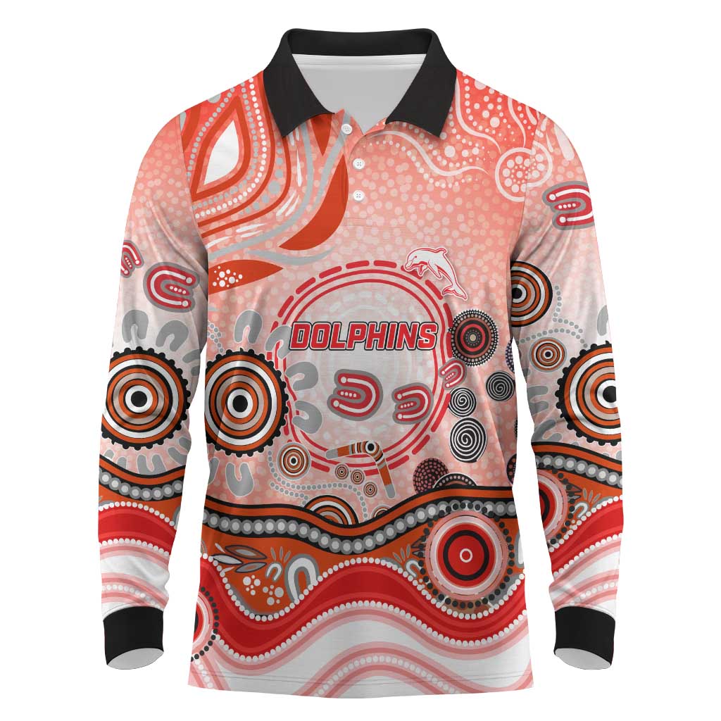 Dolphins Rugby Long Sleeve Polo Shirt Australian Aboriginal Dot Painting Style
