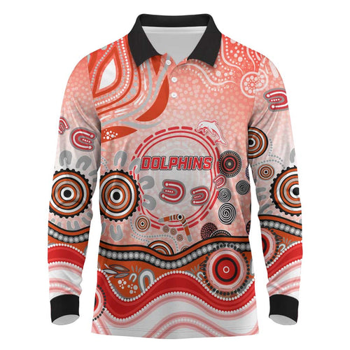 Dolphins Rugby Long Sleeve Polo Shirt Australian Aboriginal Dot Painting Style