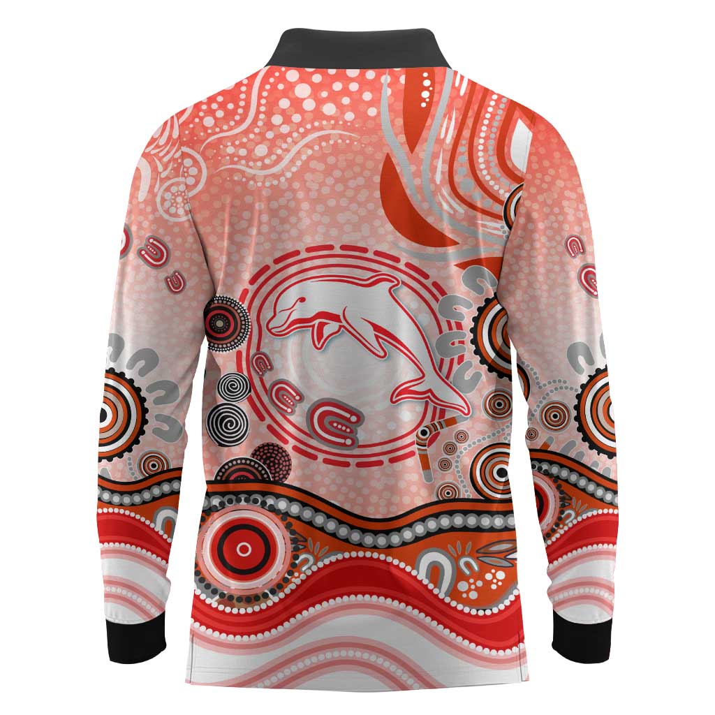 Dolphins Rugby Long Sleeve Polo Shirt Australian Aboriginal Dot Painting Style