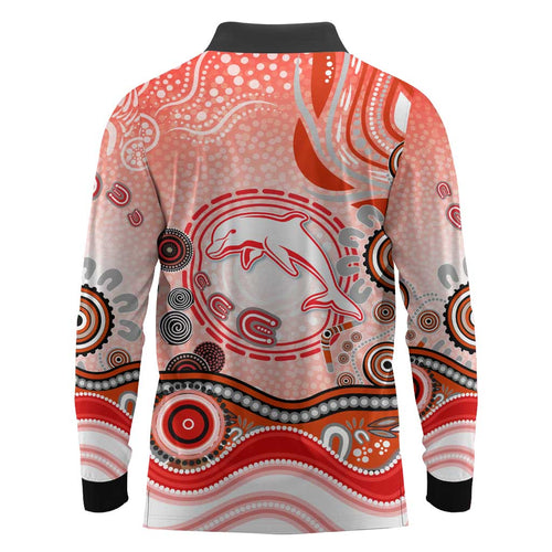 Dolphins Rugby Long Sleeve Polo Shirt Australian Aboriginal Dot Painting Style