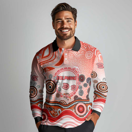 Dolphins Rugby Long Sleeve Polo Shirt Australian Aboriginal Dot Painting Style