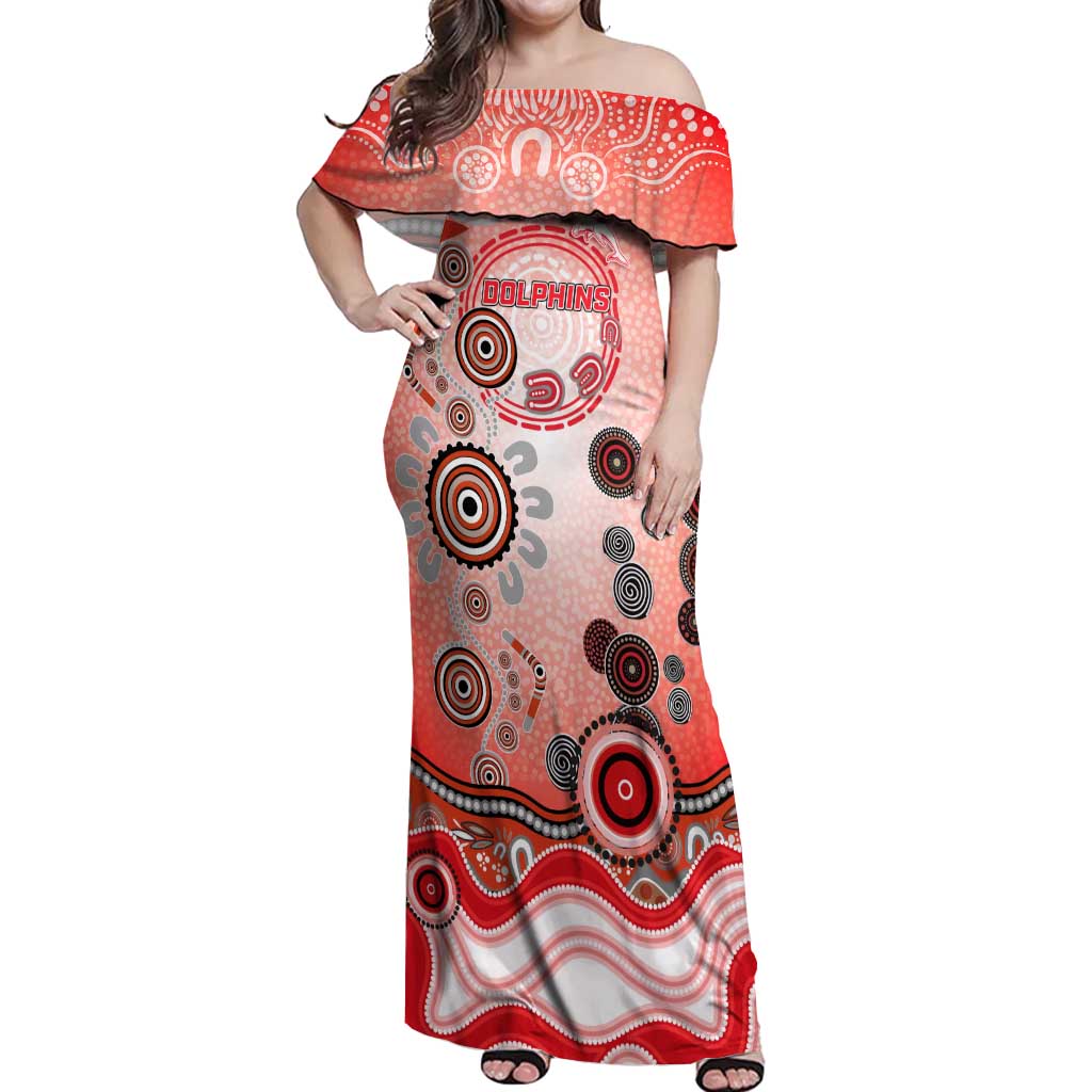 Dolphins Rugby Off Shoulder Maxi Dress Australian Aboriginal Dot Painting Style