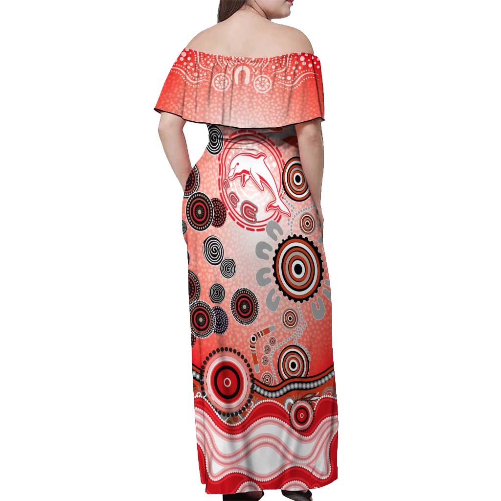 Dolphins Rugby Off Shoulder Maxi Dress Australian Aboriginal Dot Painting Style