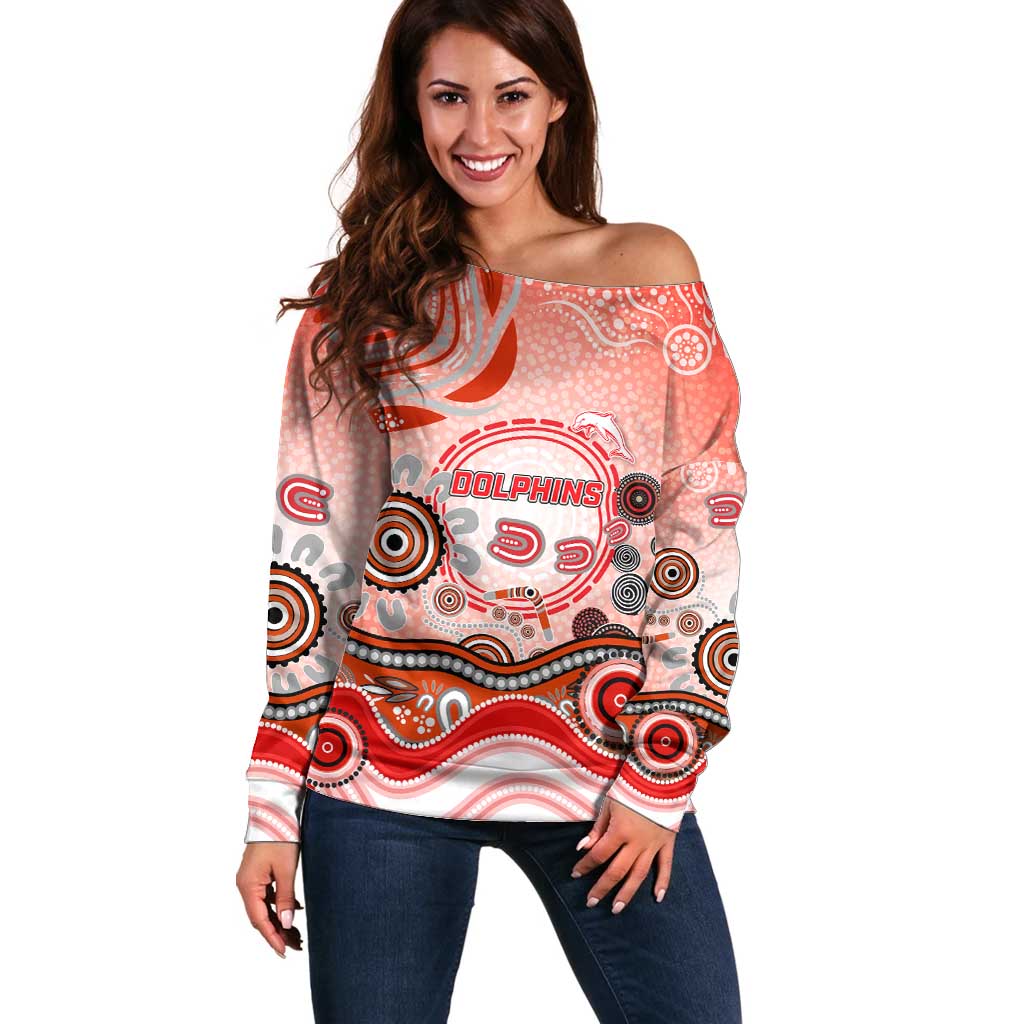 Dolphins Rugby Off Shoulder Sweater Australian Aboriginal Dot Painting Style