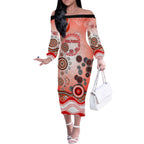 Dolphins Rugby Off The Shoulder Long Sleeve Dress Australian Aboriginal Dot Painting Style