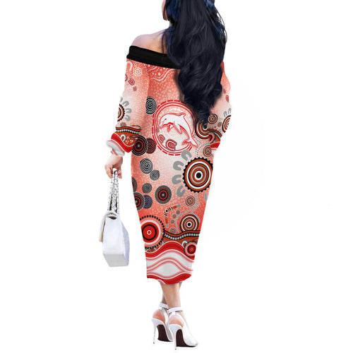 Dolphins Rugby Off The Shoulder Long Sleeve Dress Australian Aboriginal Dot Painting Style