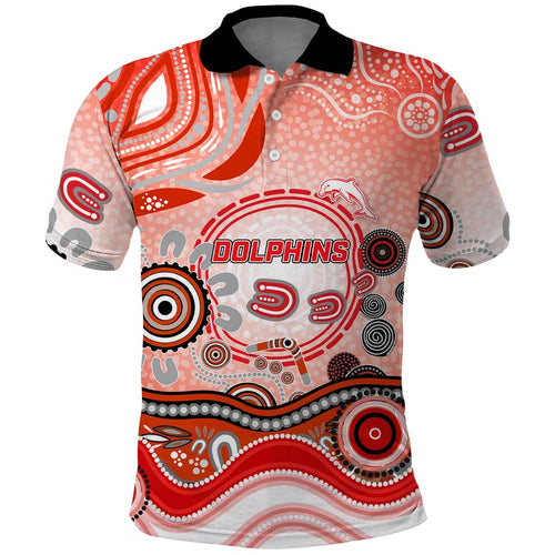 Dolphins Rugby Polo Shirt Australian Aboriginal Dot Painting Style
