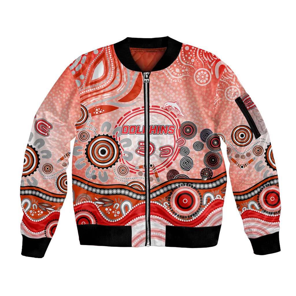 Dolphins Rugby Sleeve Zip Bomber Jacket Australian Aboriginal Dot Painting Style