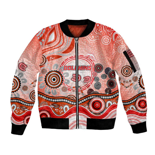Dolphins Rugby Sleeve Zip Bomber Jacket Australian Aboriginal Dot Painting Style