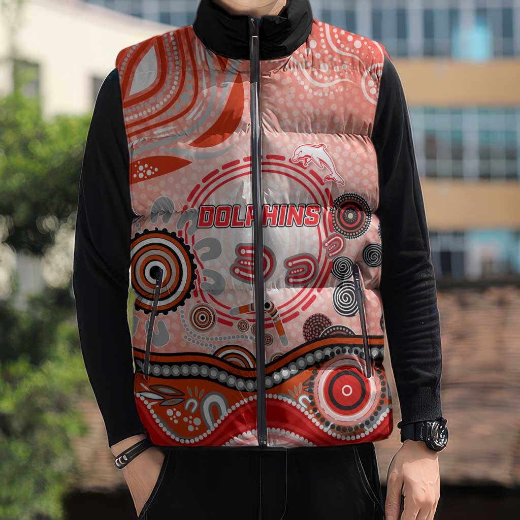 Dolphins Rugby Sleeveless Puffer Jacket Australian Aboriginal Dot Painting Style